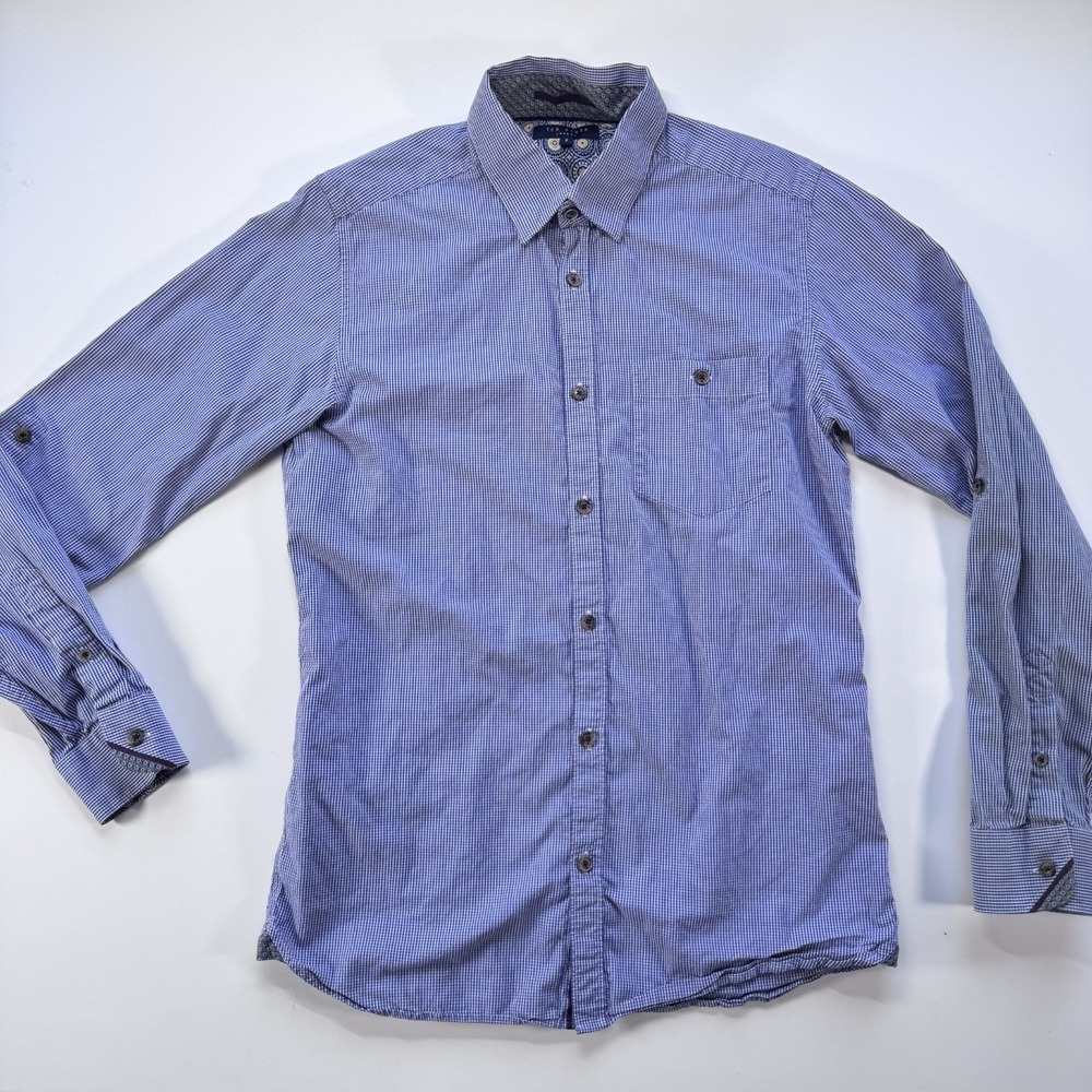 TED BAKER Long Sleeve Button Down Shirt Mens 2 (Small) Blue Check Turkey - Picture 1 of 16